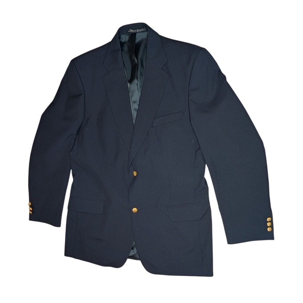 Hamrick's Blazer Mens 44 Navy Blue Two-Button Gold Crest Buttons Wool Blend Long